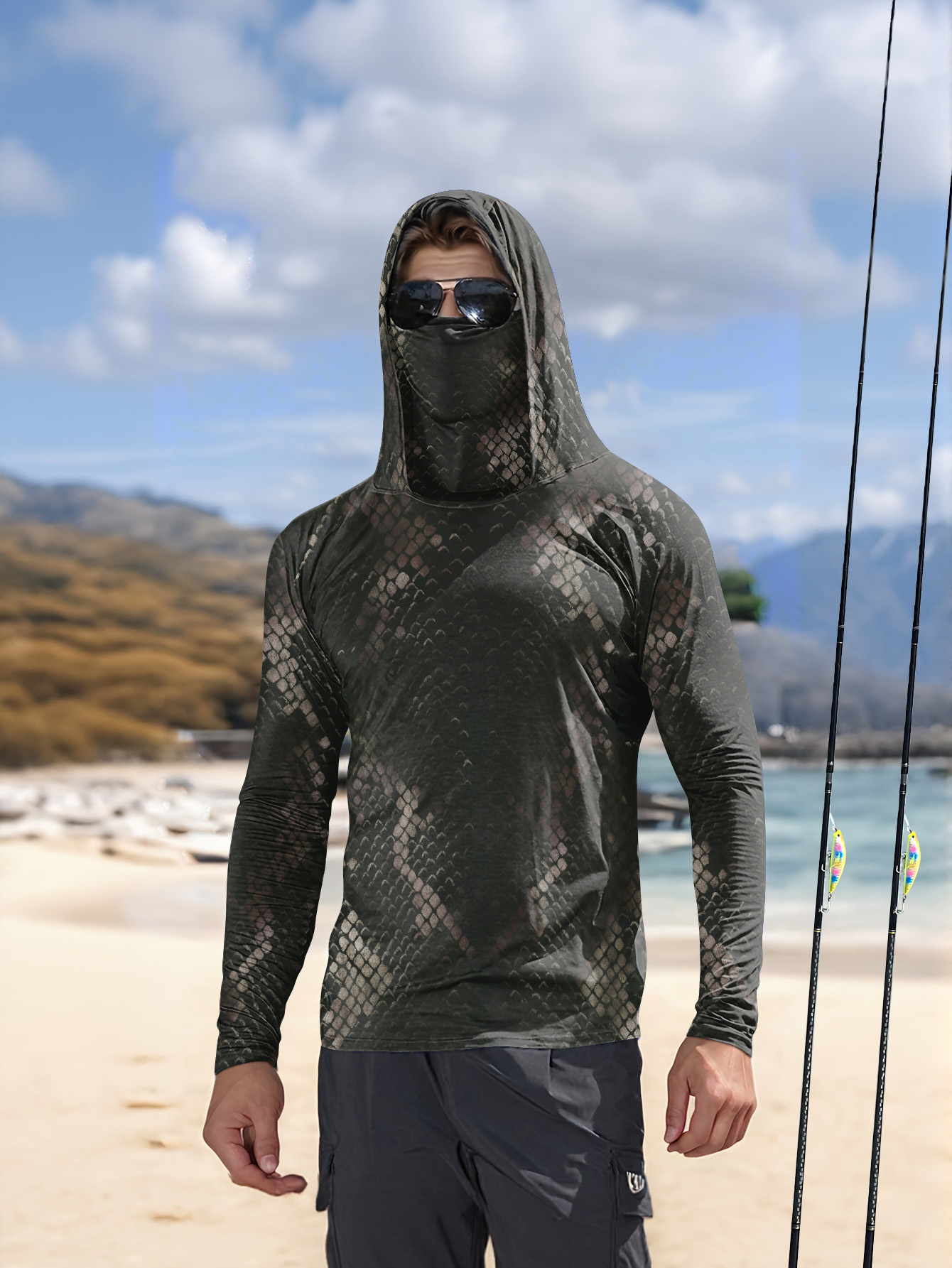Fishing - قميص صيد للرجال بغطاء للرأس وأكمام