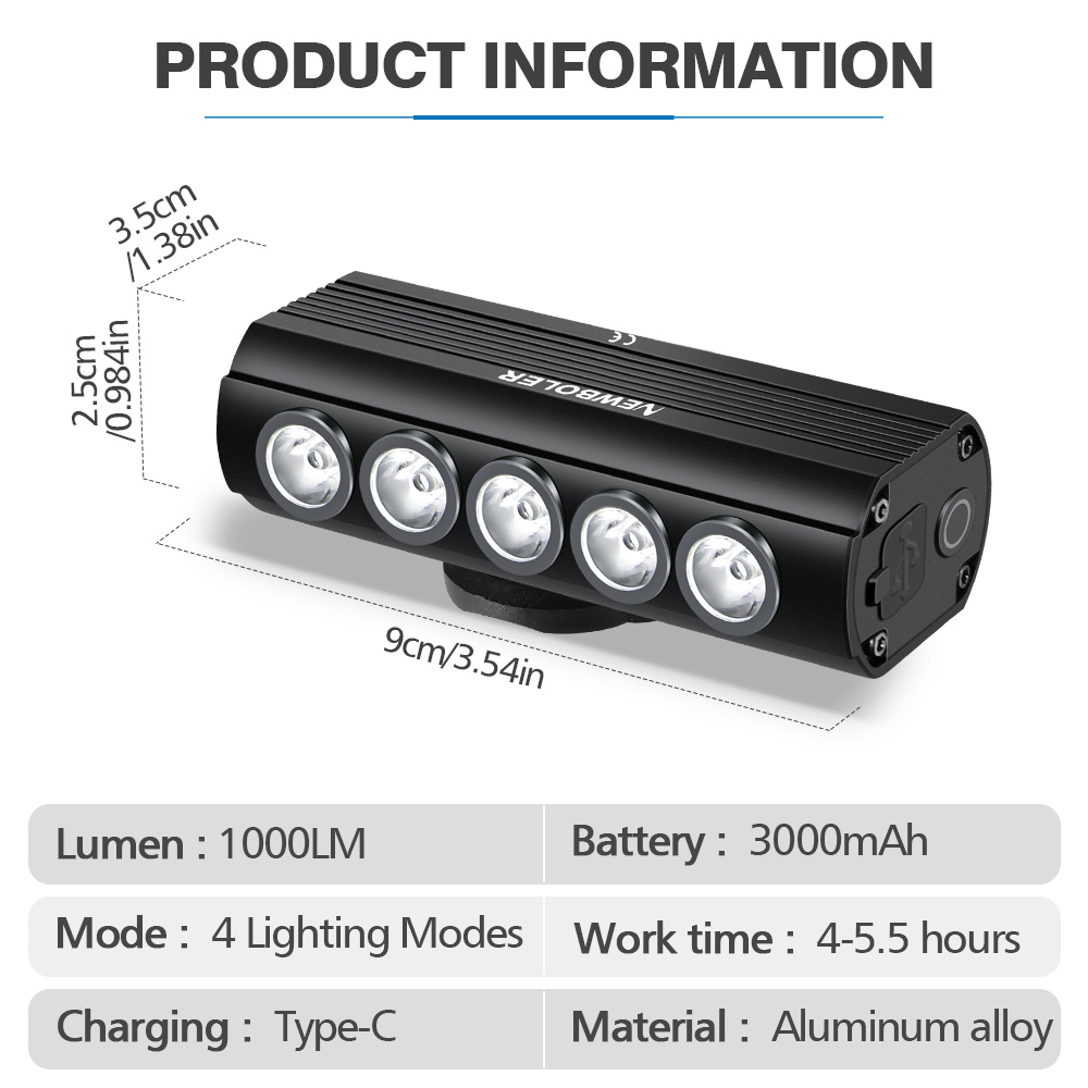 NEWBOLER إضاءة دراجة هوائية ال - مراجعة Rechargeable Bicycle Headlight 1000 Lumen وسعره